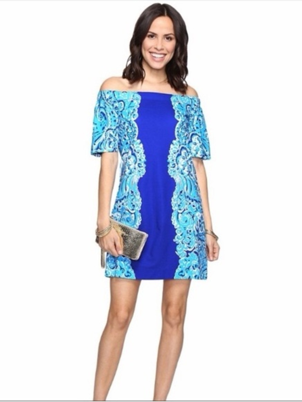 Lilly Pulitzer Royal Blue & Aqua Off-the-shoulder Paisley Shift Dress